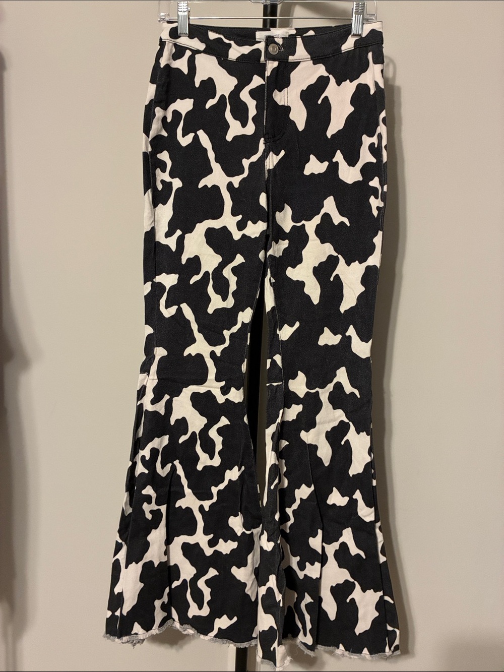 Peach Love Cow Print Flare Jeans Black White Western Bell Bottom Stretchy Small - Picture 2 of 6